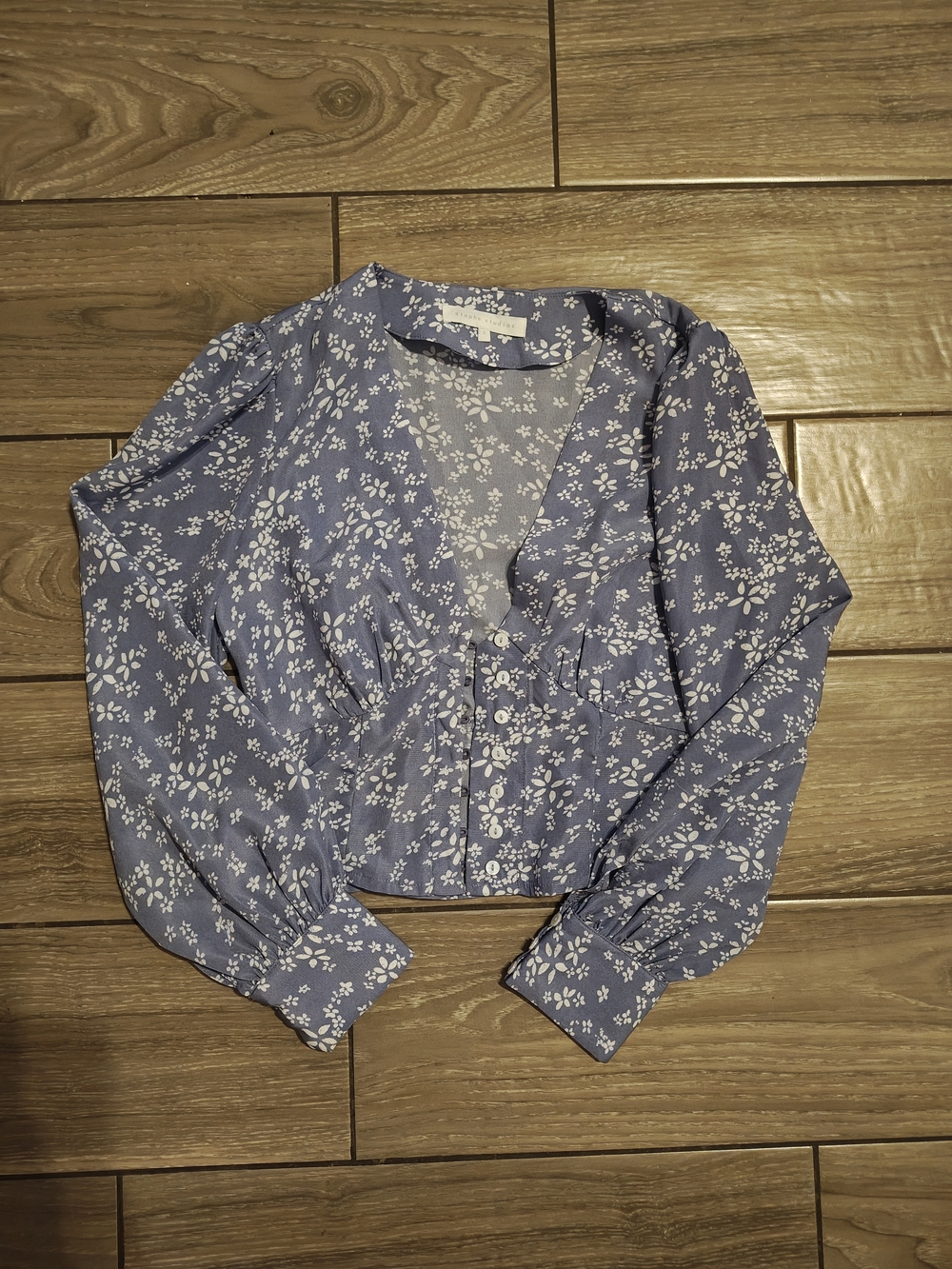 Floral V-Neck Button-Front Blouse in Light Blue